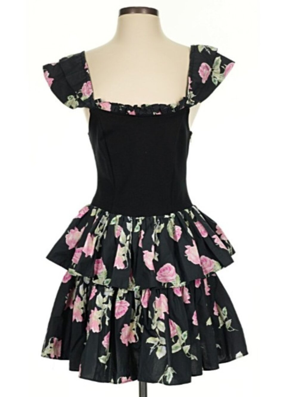 LoveShackFancy Peplum Mini Dress Womens Sz 4 Black Floral Boho Cottagecore Fairy